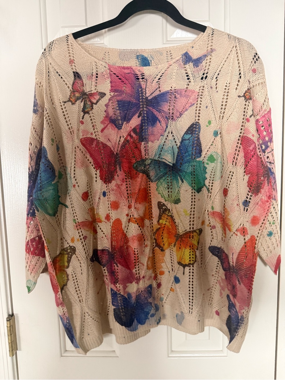 Butterfly Print Open-Knit Sweater in Neutral Base with Multicolor Butterflies